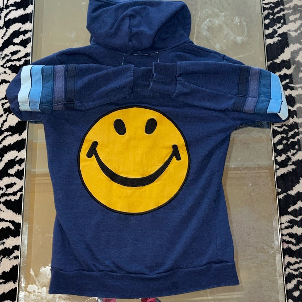Aviator Nation Size M, Smiley Face Hoodie, Royal Blue w/Striped Arms. NICE, EUC.